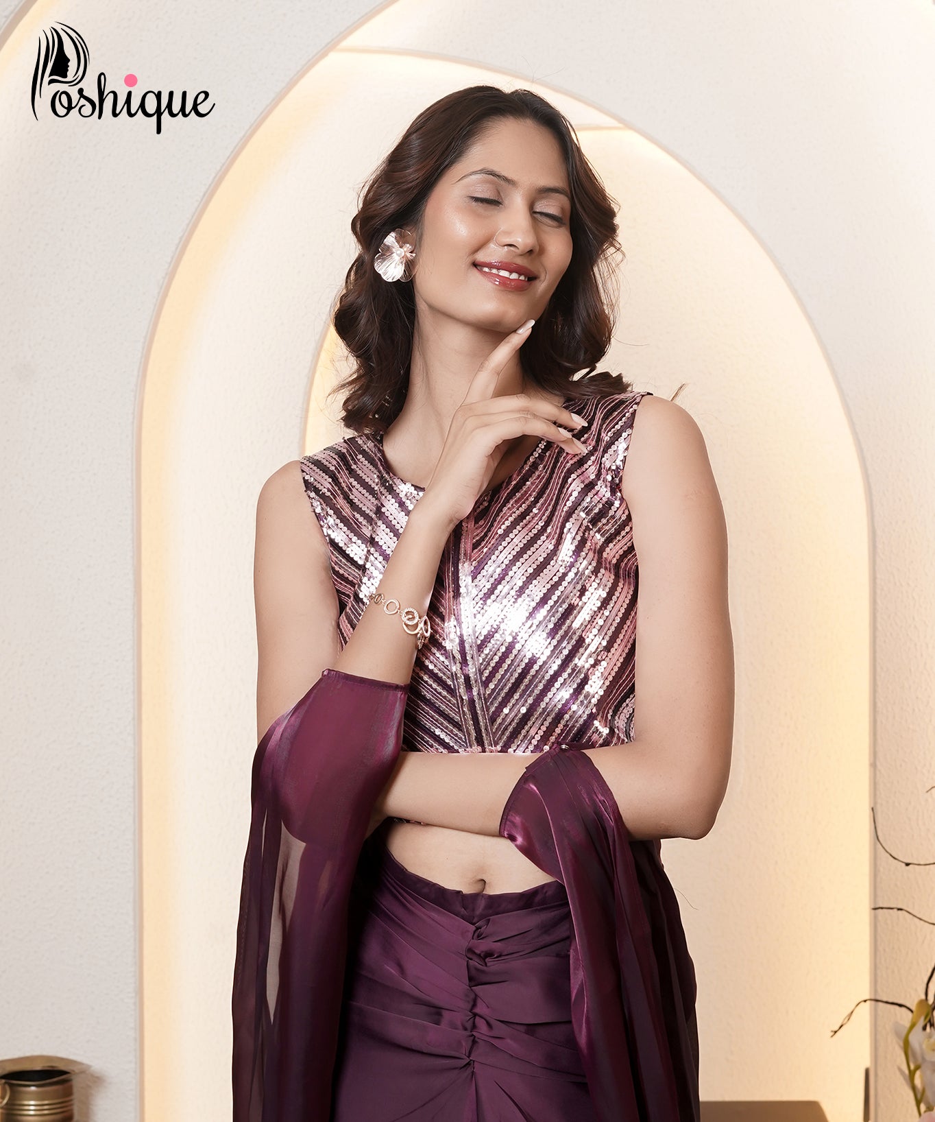 Wine Sequin Blouse & Draped Satin Skirt Set